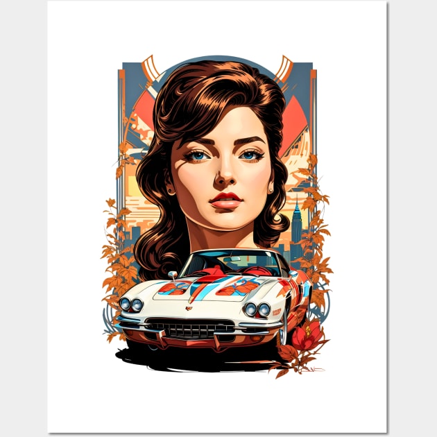 Sport Car Woman Poster retro vintage floral design Wall Art by Neon City Bazaar